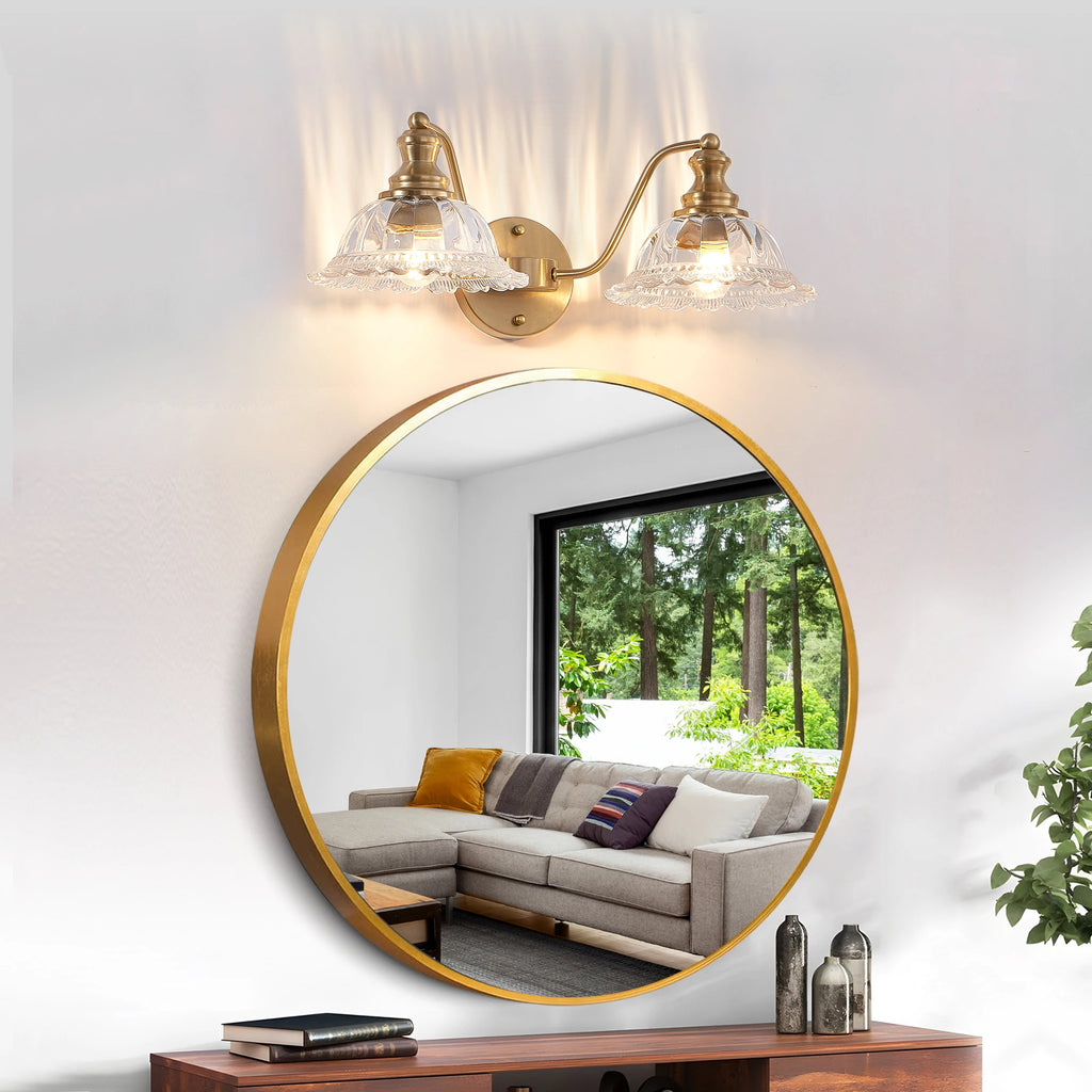 20 Inch 2-Light Elegant Vintage Bathroom Wall Sconce – Golden Metal and Glass Lampshade