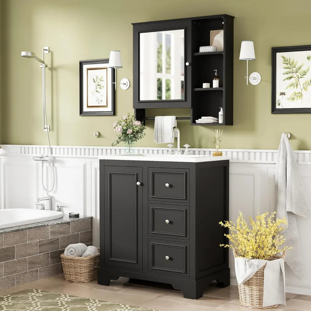 30-inch Elegant Bathroom Vanity with Sink, Storage Cabinet, 3 Drawers, Adjustable Shelves