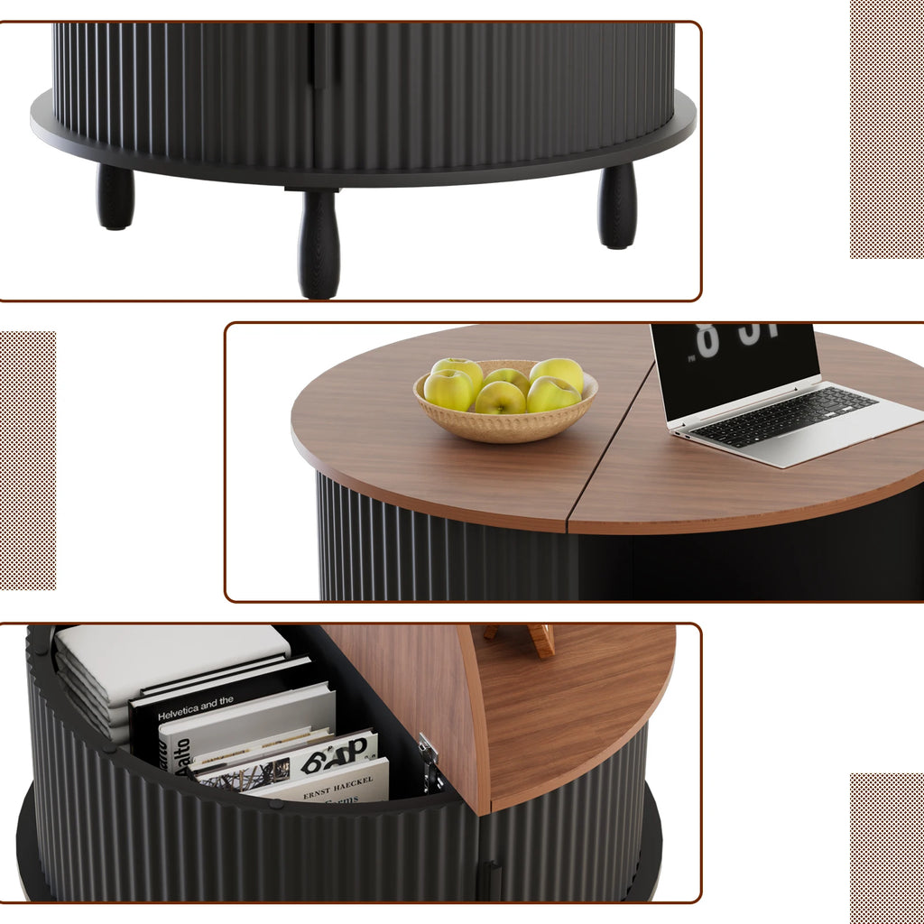 Round Wooden Coffee Table with 360° Curved Sliding Door