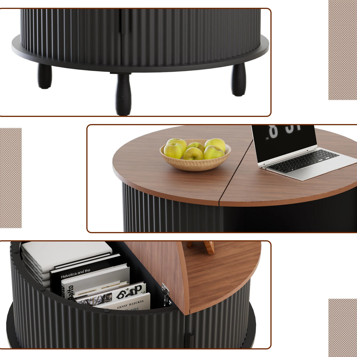 Round Wooden Coffee Table with 360° Curved Sliding Door