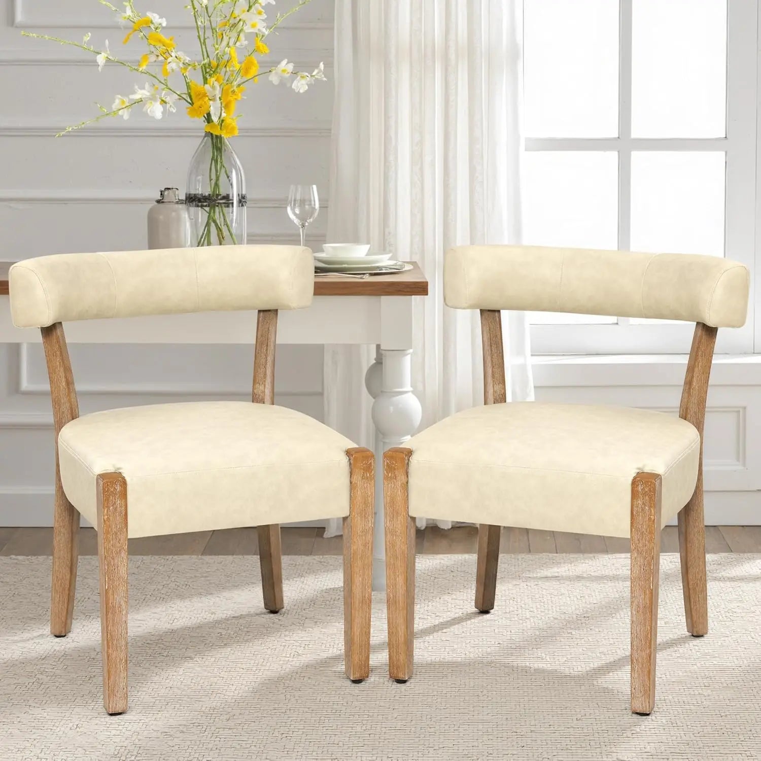 Wooden Dining Chairs, Set of 4, Upholstered Linen Fabric