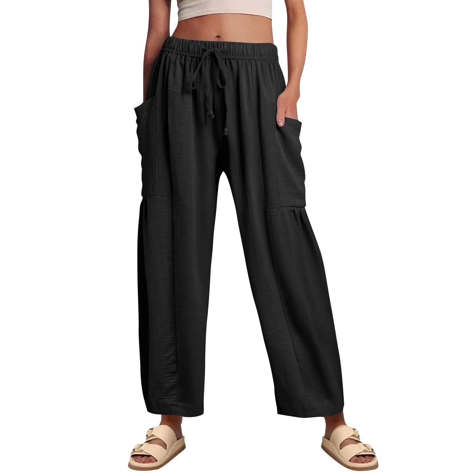 Women’s Plus Size Middle Waist Baggy Pants with Pockets – Korean Fashion