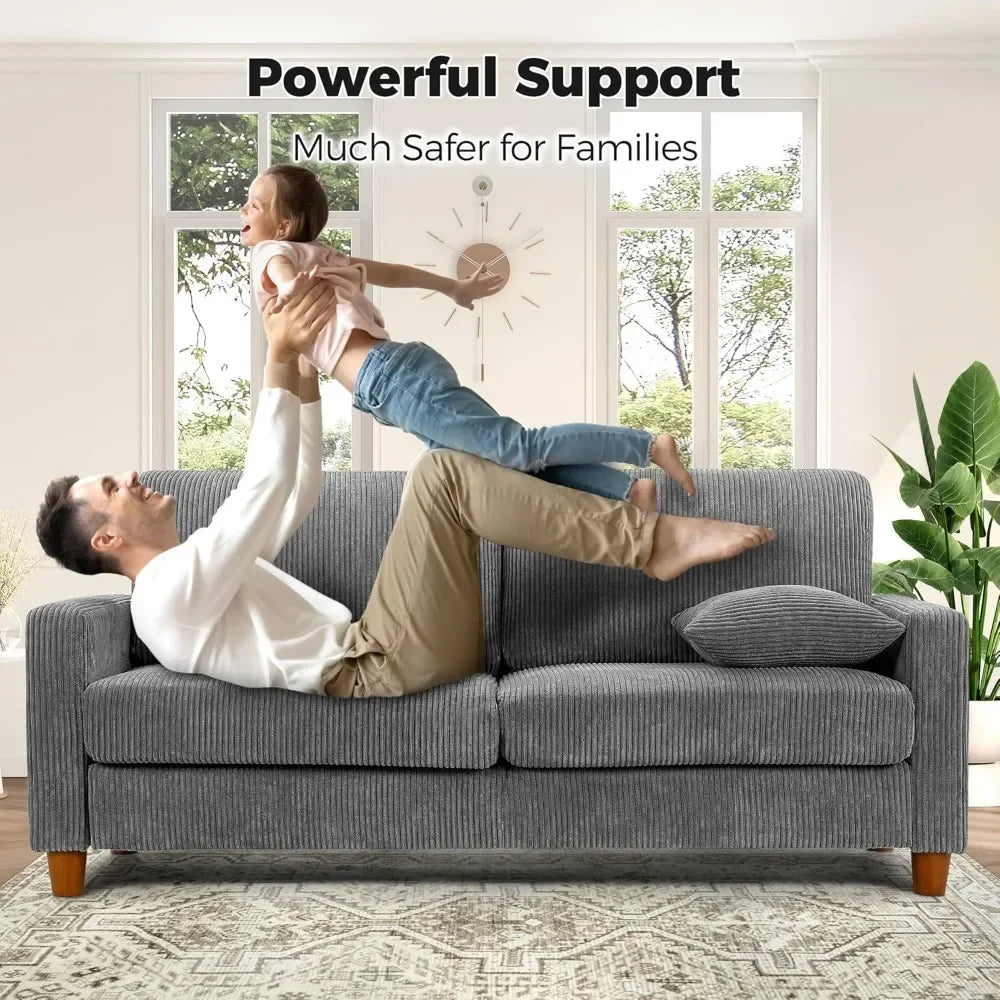 Grey Sofa, Extra Deep Corduroy Couch – 21” Seat Depth, Tool-Free Assembly
