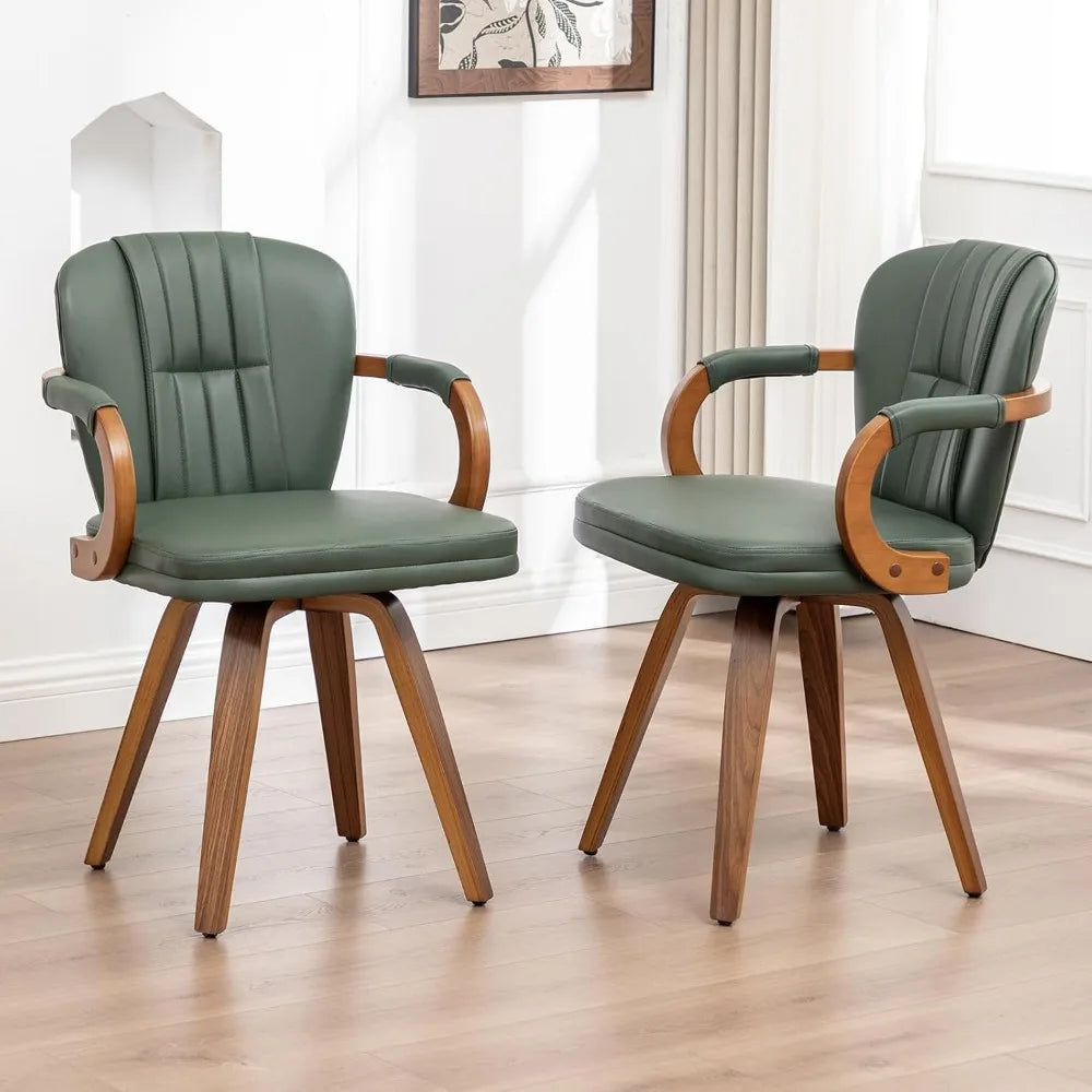 Swivel Dining Chairs Set of 2 – Mid-Century Modern Green Leather Upholstered