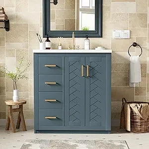 30" Bathroom Vanity with Ceramic Sink, Storage Cabinet, 4 Drawers, 2 Doors