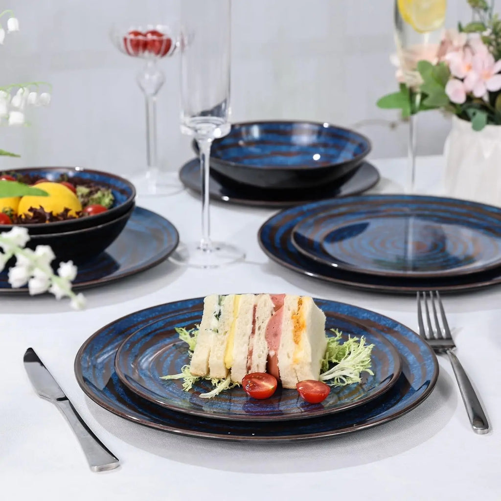 Melamine Dinnerware Set – 12-Piece Service for 4, Blue Threaded Design