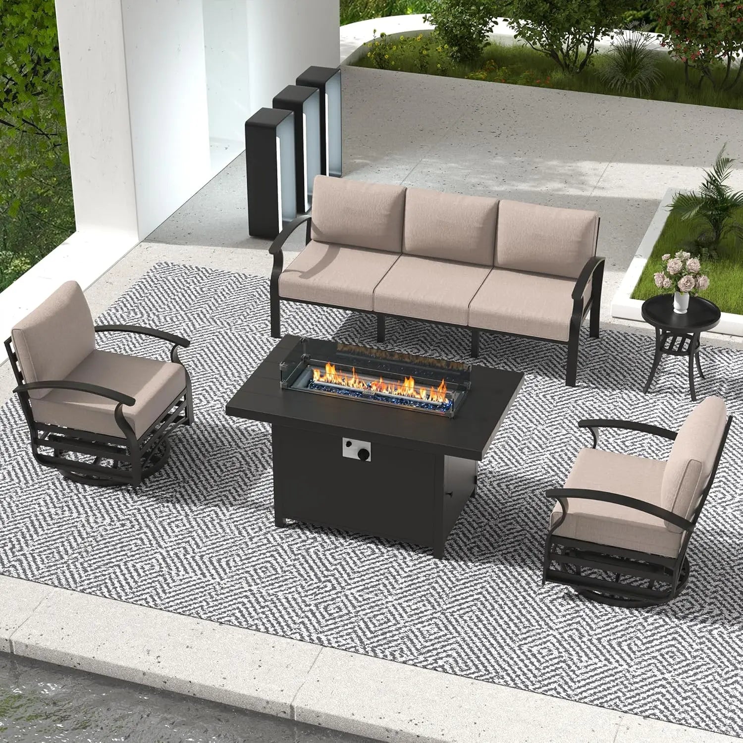 Aluminum Patio Set with Sectional Sofa, Fire Pit Table & Swivel Chairs