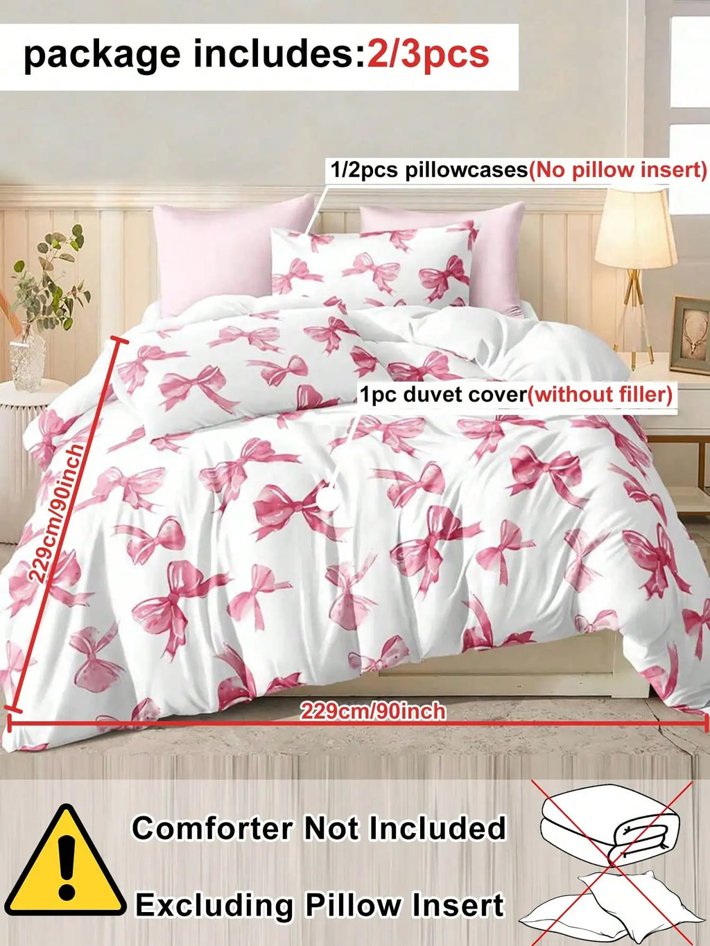 2/3-Piece Pink Bow Pattern Duvet Cover Set