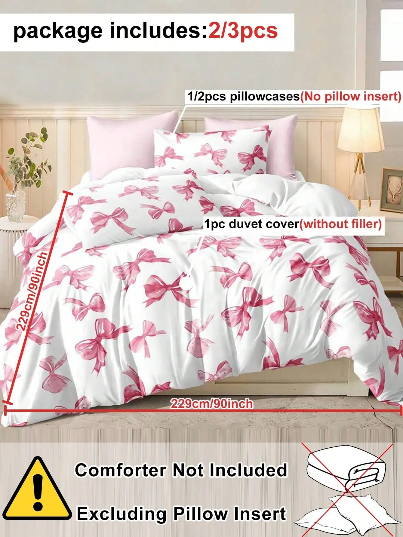 2/3-Piece Pink Bow Pattern Duvet Cover Set