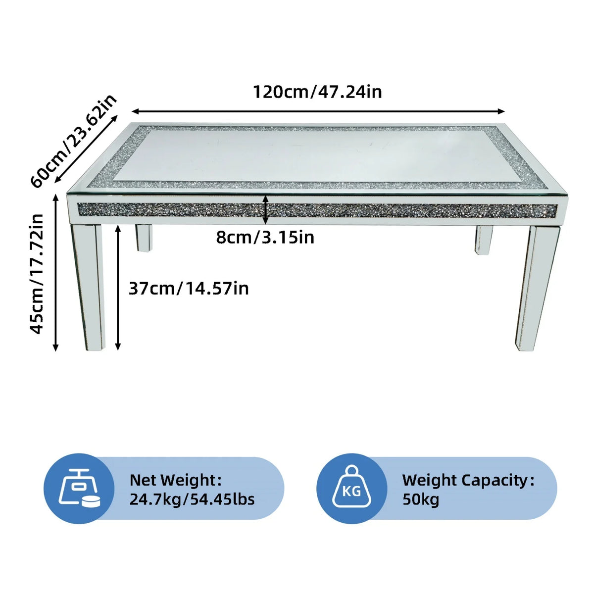 Rectangle Mirrored Coffee Table with Crystal Diamond Inlay