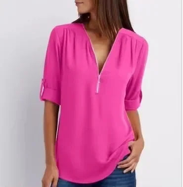 Women’s Loose Casual Deep V-Neck Chiffon Blouse – Zipper Pullover