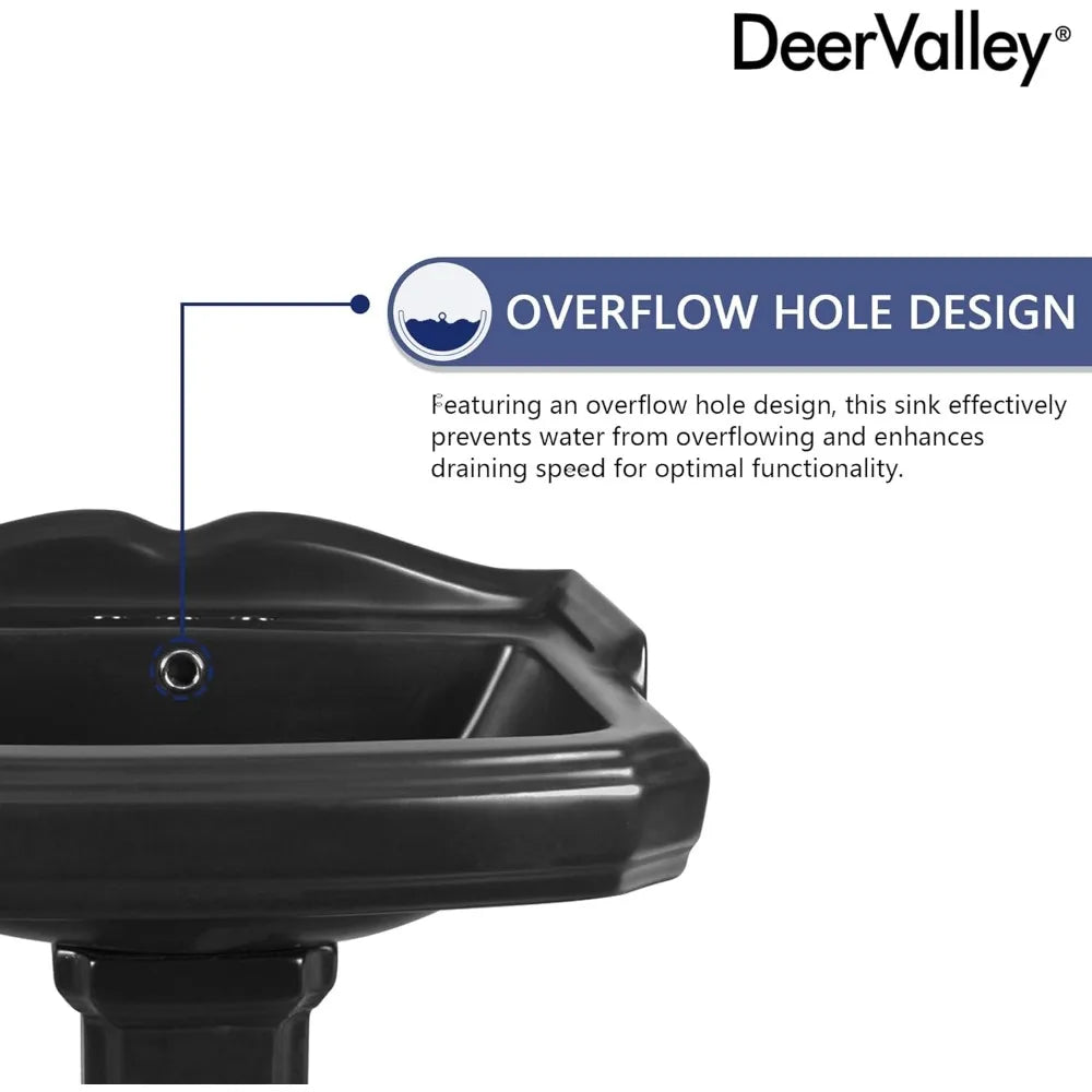 23" x 19" Black Ceramic Pedestal Sink Combo with Overflow Hole & 3 Faucet Holes