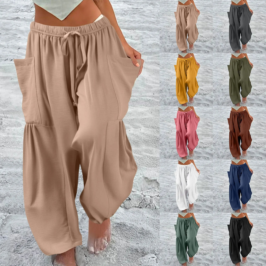 Women’s Plus Size Middle Waist Baggy Pants with Pockets – Korean Fashion