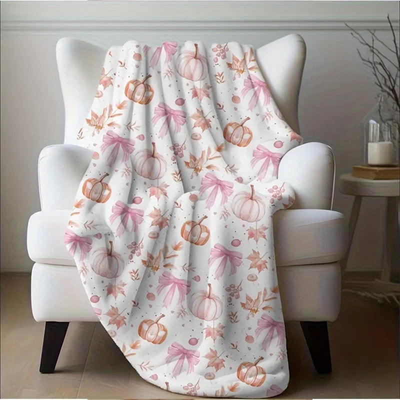 Soft Cozy Pink Pumpkin & Leaf Flannel Plush Blanket