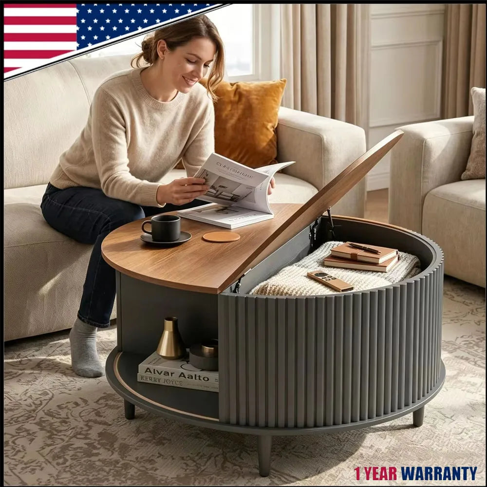 Round Wooden Coffee Table with 360° Curved Sliding Door