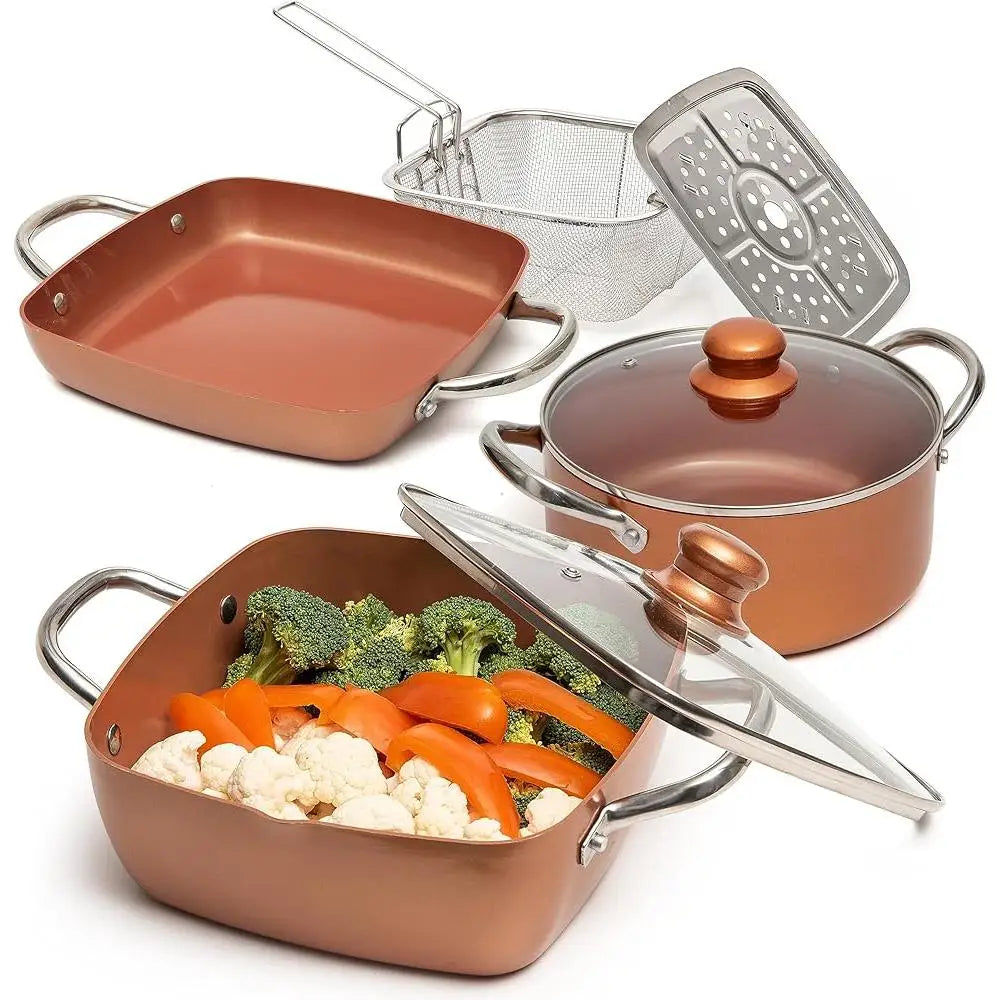 7 Pcs Copper Nonstick Cookware Set, Induction Compatible