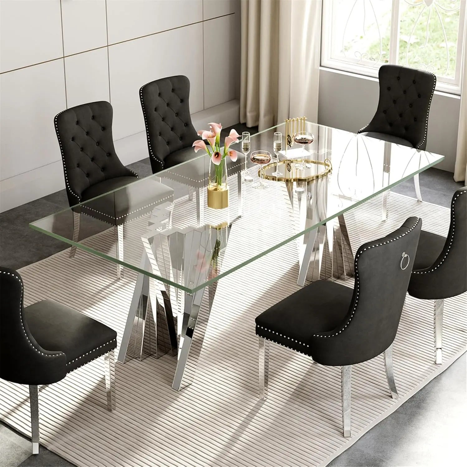 70" Modern Glass Gold Dining Table for 6-8