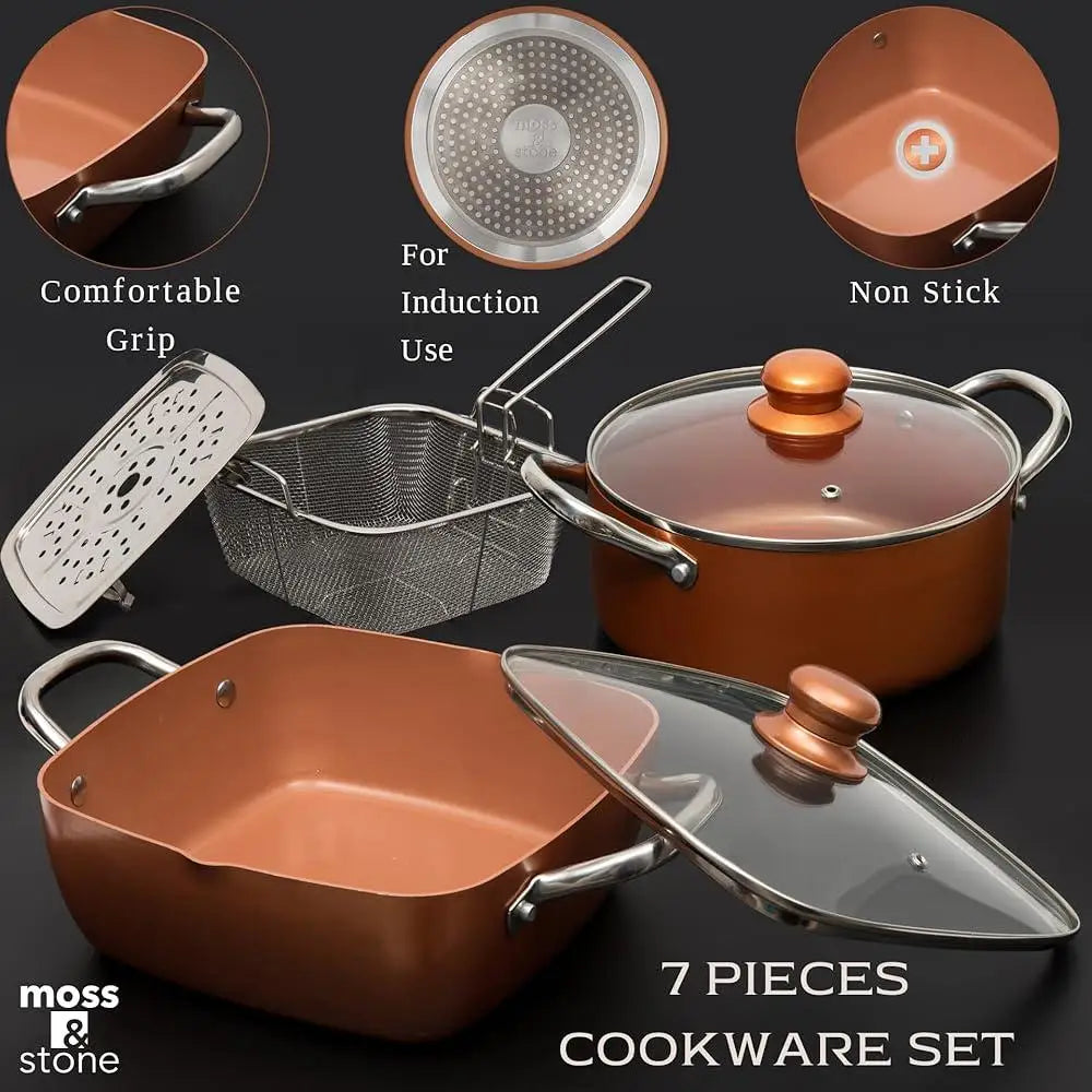 7 Pcs Copper Nonstick Cookware Set, Induction Compatible
