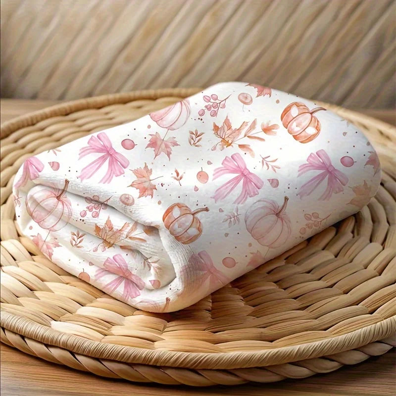 Soft Cozy Pink Pumpkin & Leaf Flannel Plush Blanket