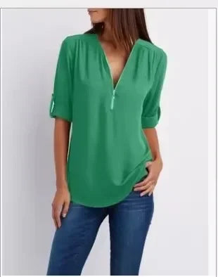 Women’s Loose Casual Deep V-Neck Chiffon Blouse – Zipper Pullover