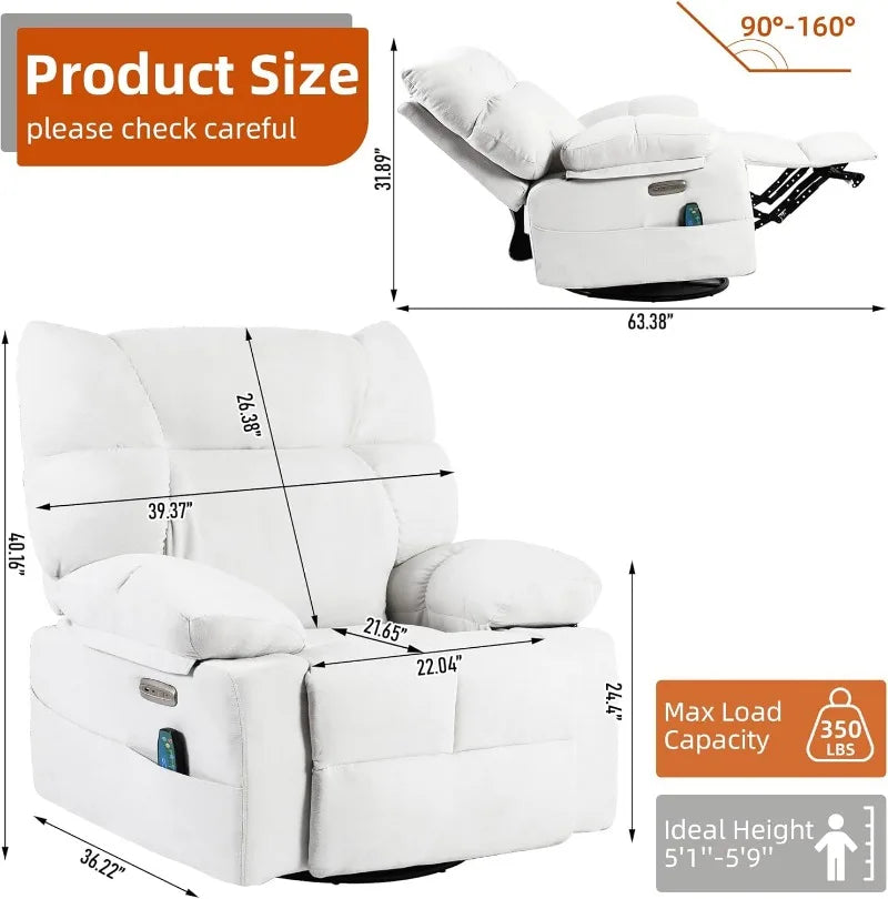 Power Swivel Massage Rocking Recliner Chair with Heat & USB Ports