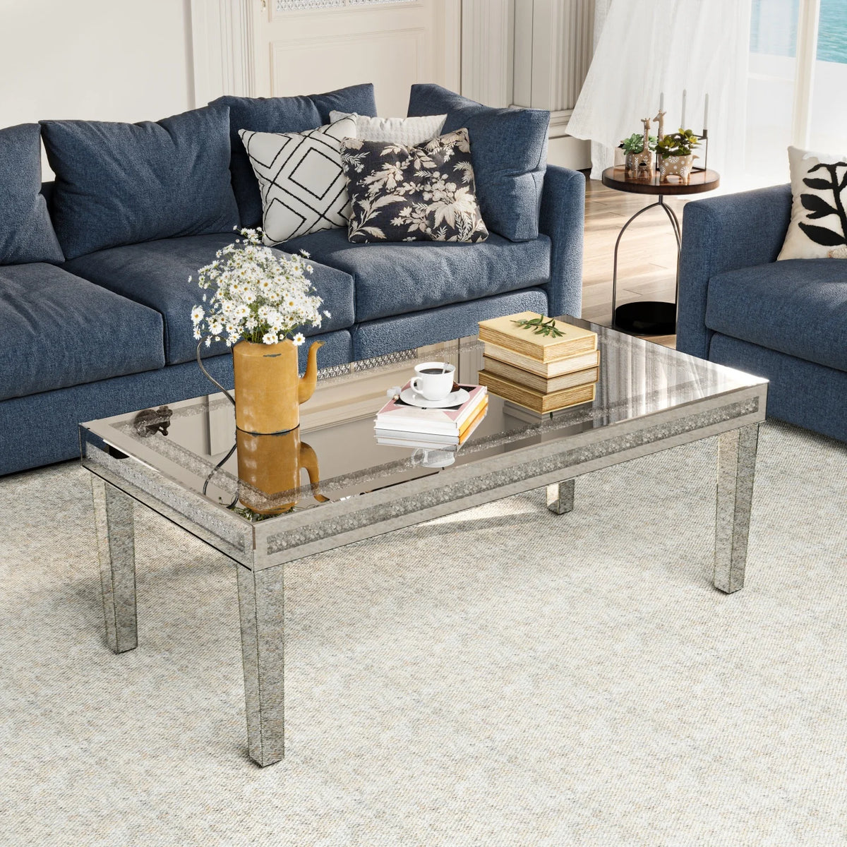Rectangle Mirrored Coffee Table with Crystal Diamond Inlay