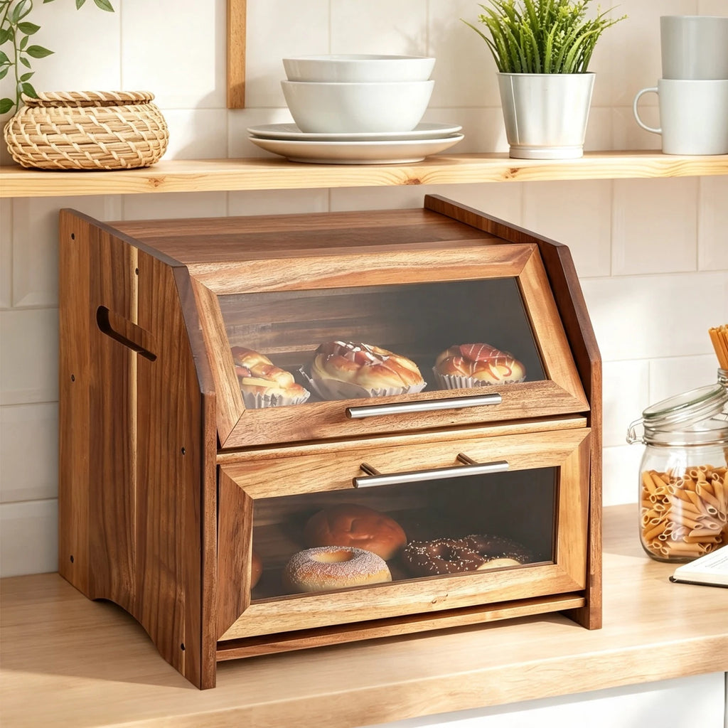 Acacia Wood Double-Layer Bread Box with Clear Acrylic Doors