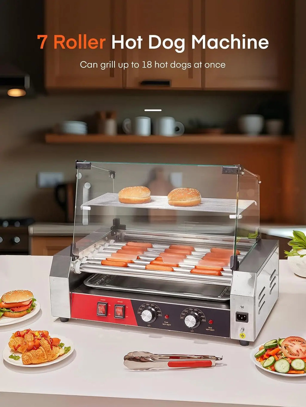 7 Roller Hot Dog Machine with Bun Warmer