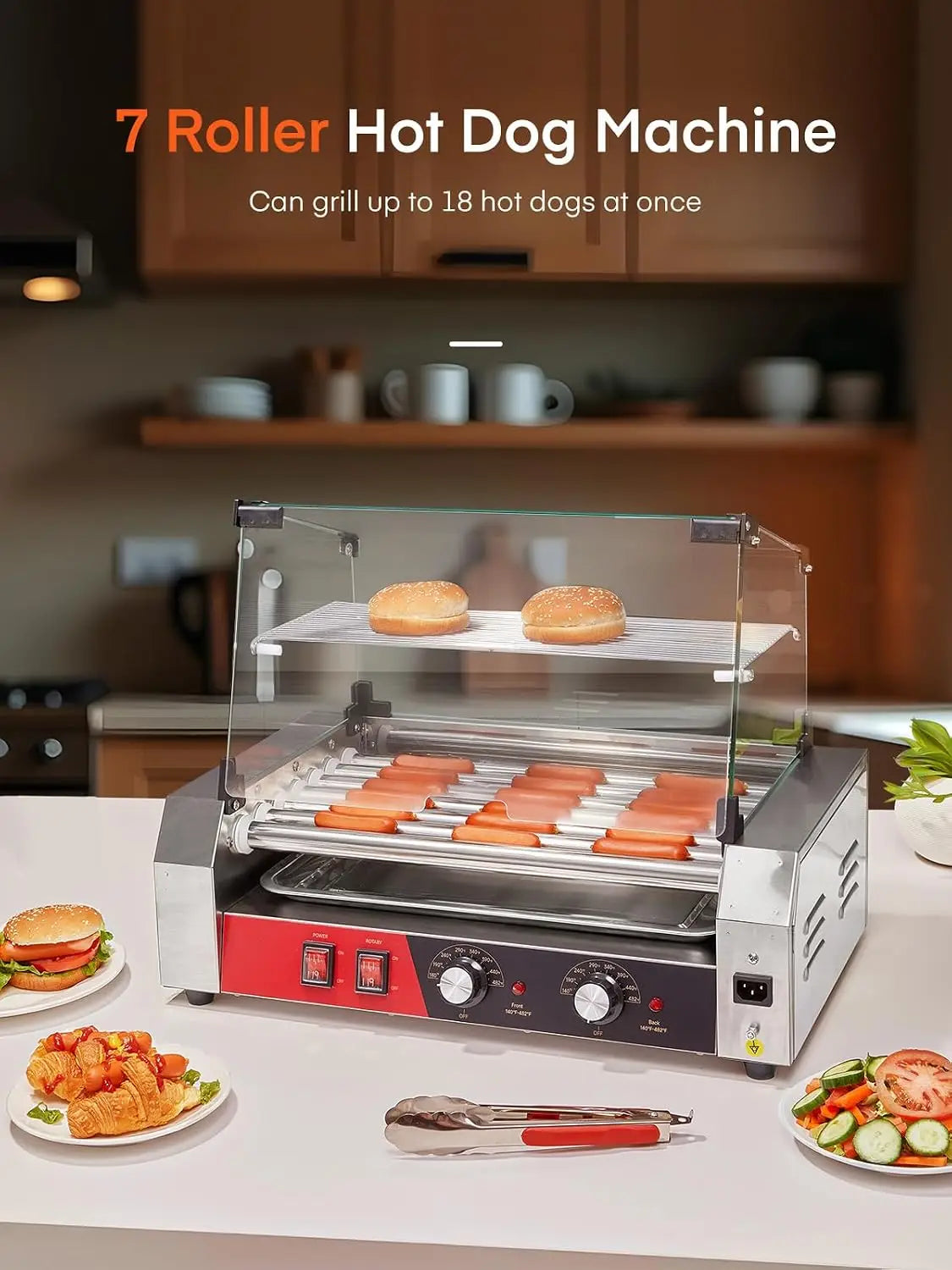 7 Roller Hot Dog Machine with Bun Warmer