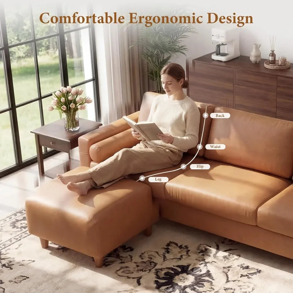 Faux Leather L-Shaped Sectional Sofa with Movable Ottoman
