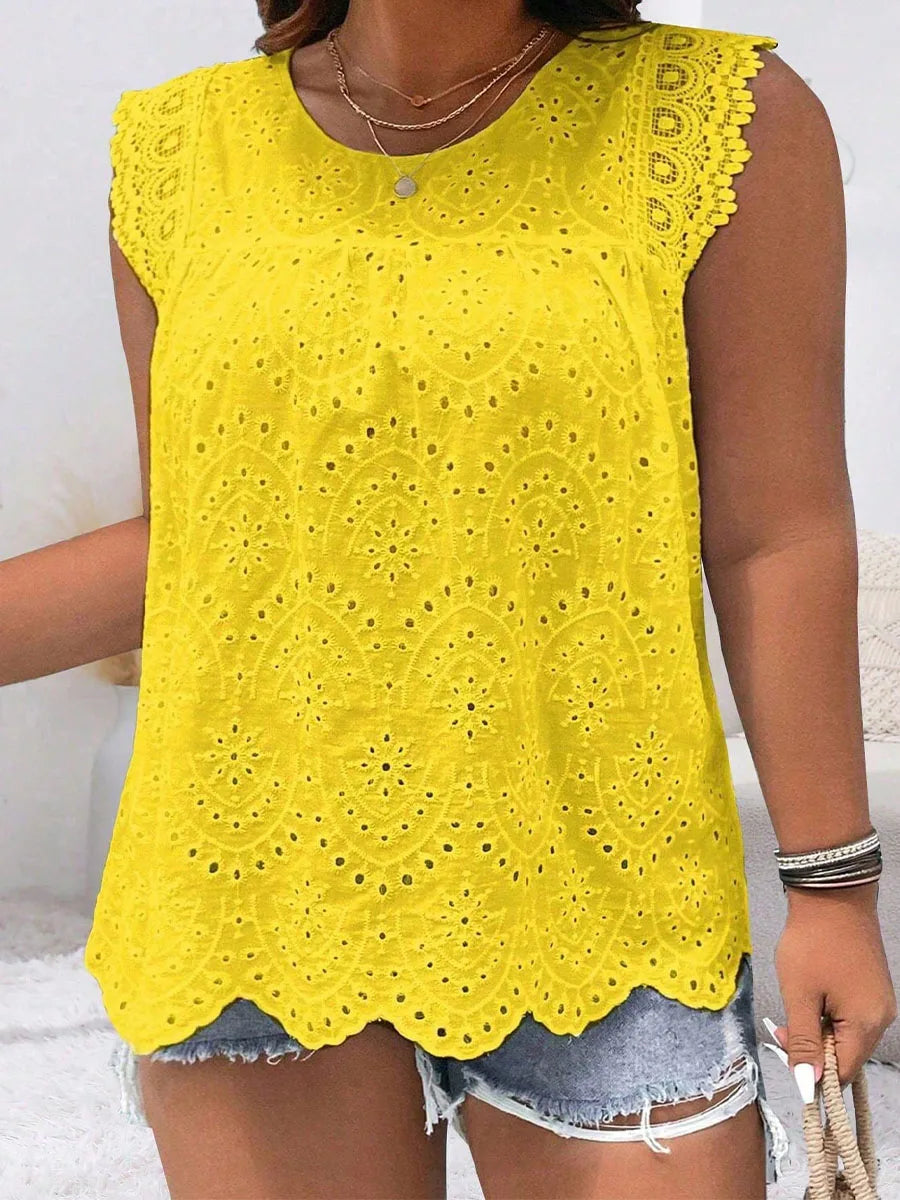 Casual Versatile Plus Size Sleeveless Round Neck Lace Shirt