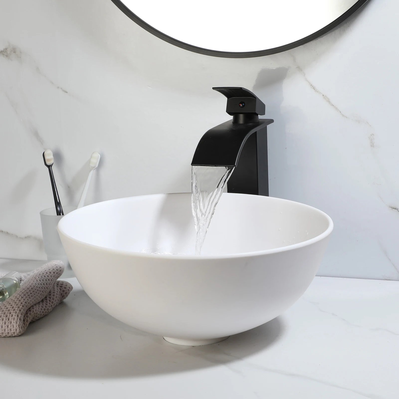 13" Round Stone Resin Vessel Sink with Drain Combo – Above Counter