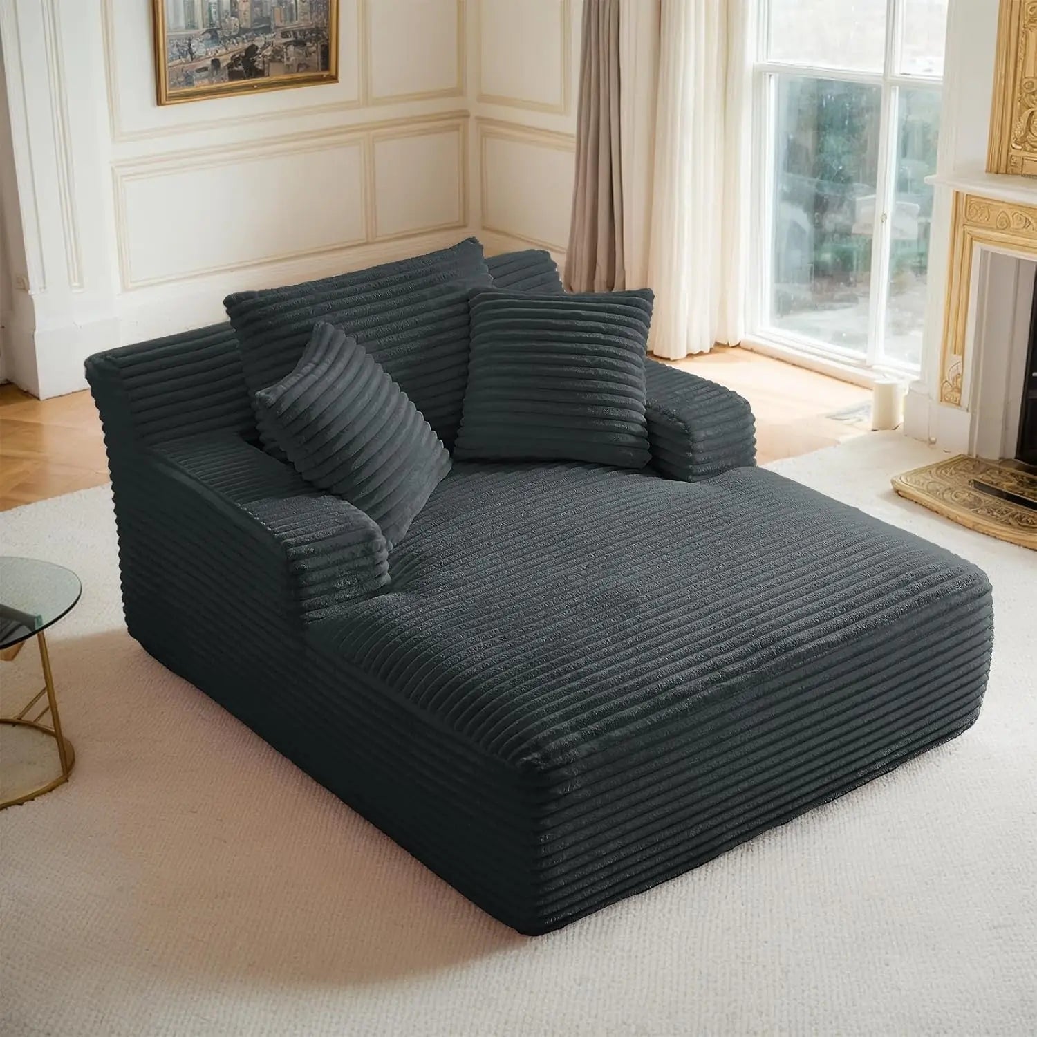 Oversized Corduroy Chaise Lounge Chair with Sofa Bed & Throw Pillows