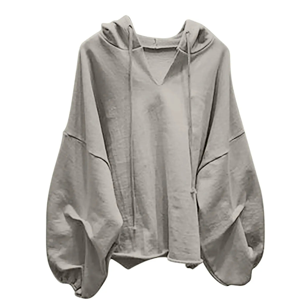 Women’s Casual Solid Color V-Neck Hooded Loose Long Sleeve Sweatshirt