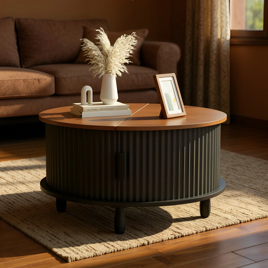 Round Wooden Coffee Table with 360° Curved Sliding Door