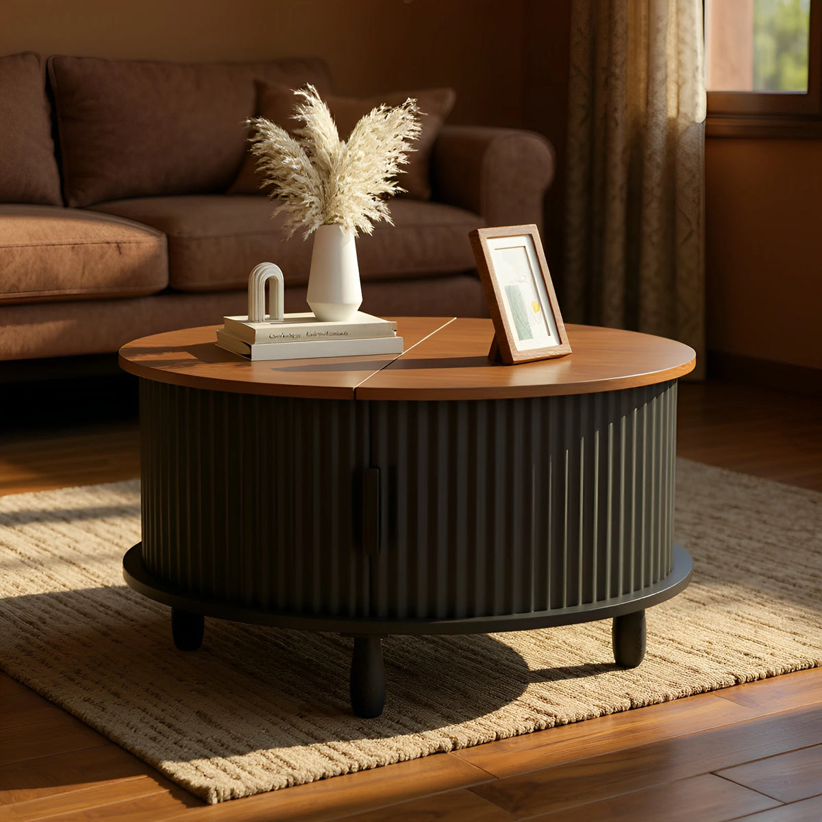 Round Wooden Coffee Table with 360° Curved Sliding Door