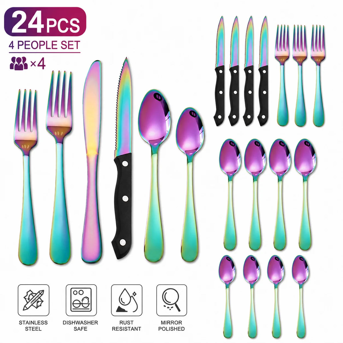 24PCS Rainbow Stainless Steel Flatware Set for 4