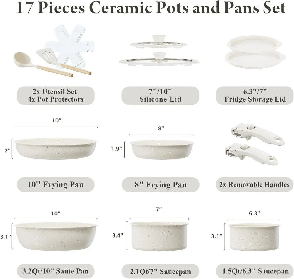 17-Piece Ceramic Nonstick Cookware Set with Removable Handles, Induction Compatible