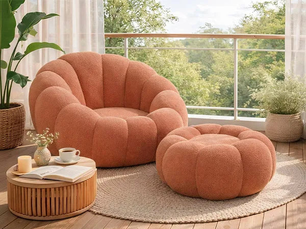 Pumpkin Shape Accent Chair with Footstool
