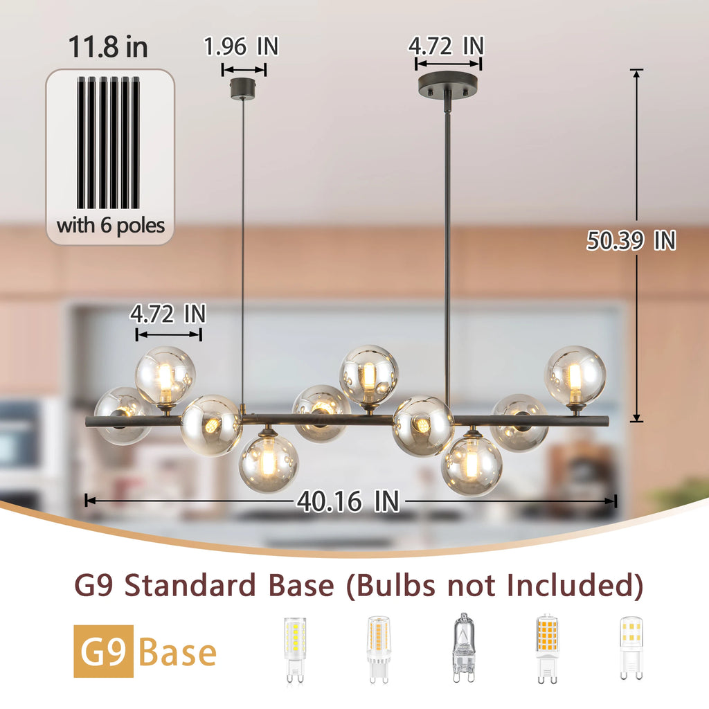 10-Light Matte Black Adjustable Chandelier with Smoked Glass Globe Shades