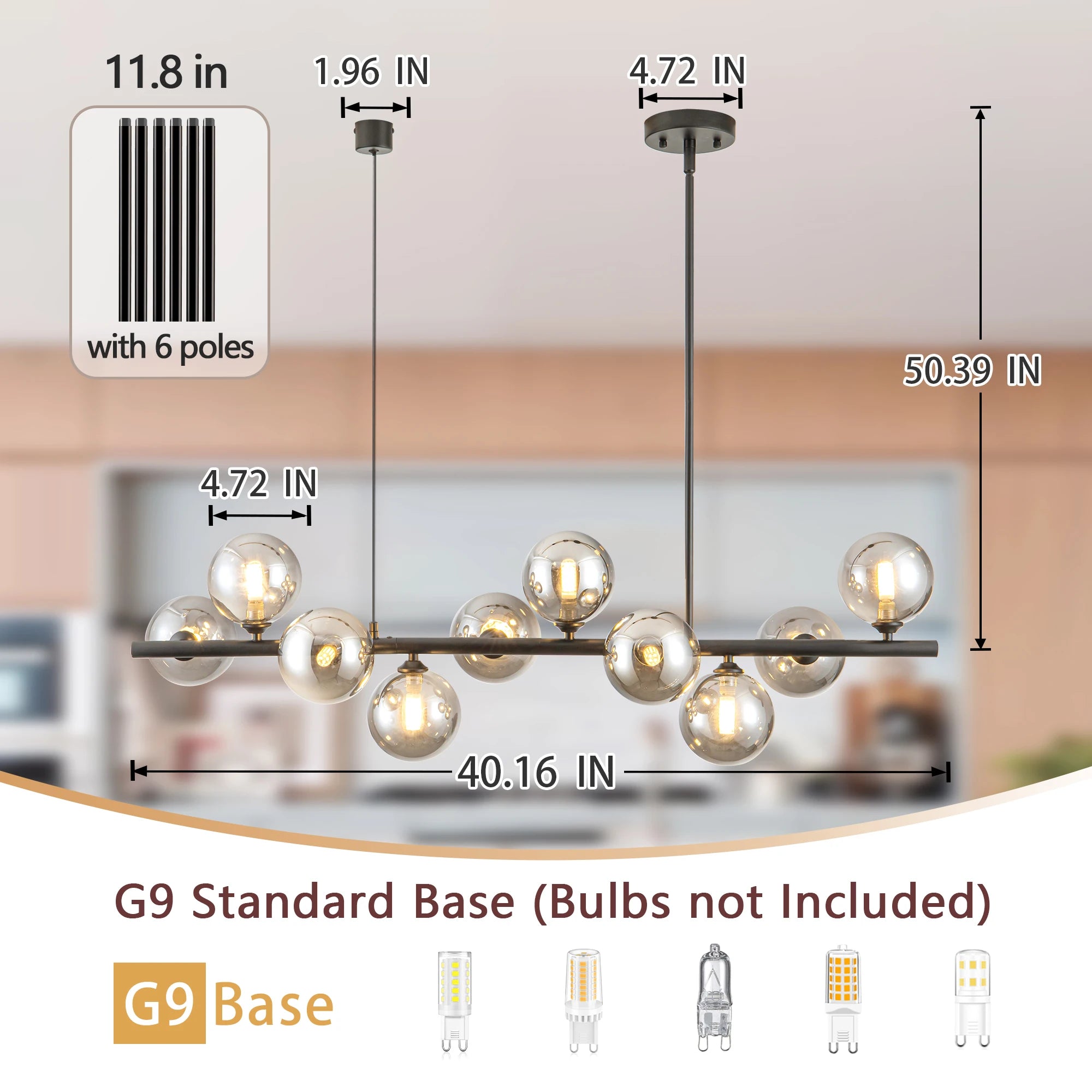 10-Light Matte Black Adjustable Chandelier with Smoked Glass Globe Shades