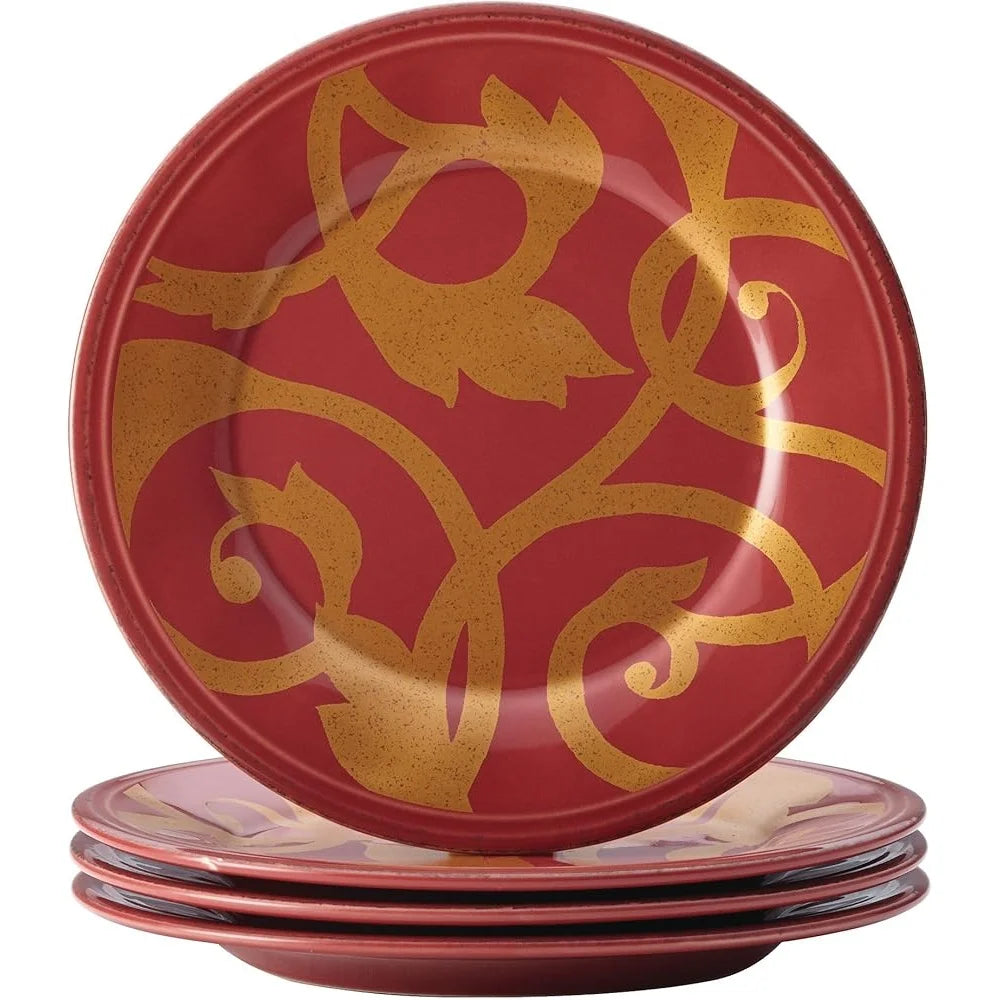 Gold Scroll 4-Piece Round Appetizer Plate Set – Elegant & Durable Stoneware