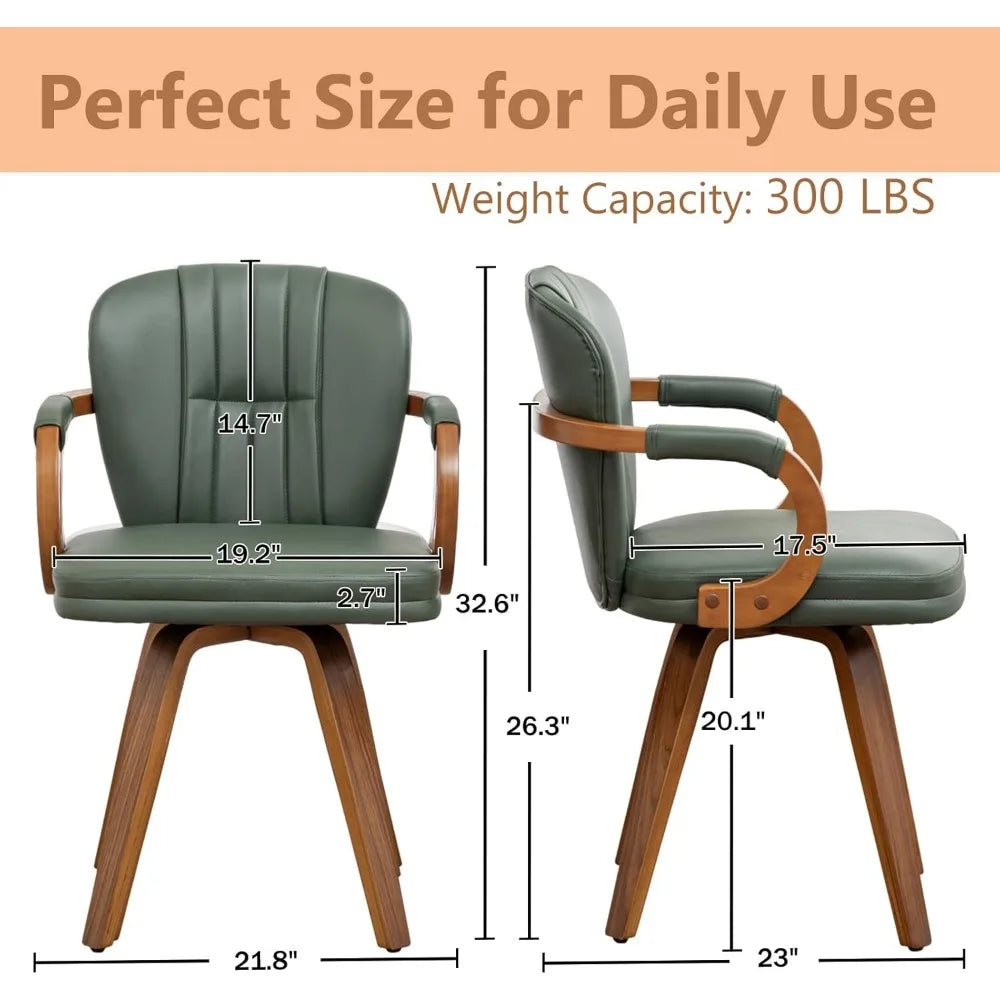 Swivel Dining Chairs Set of 2 – Mid-Century Modern Green Leather Upholstered