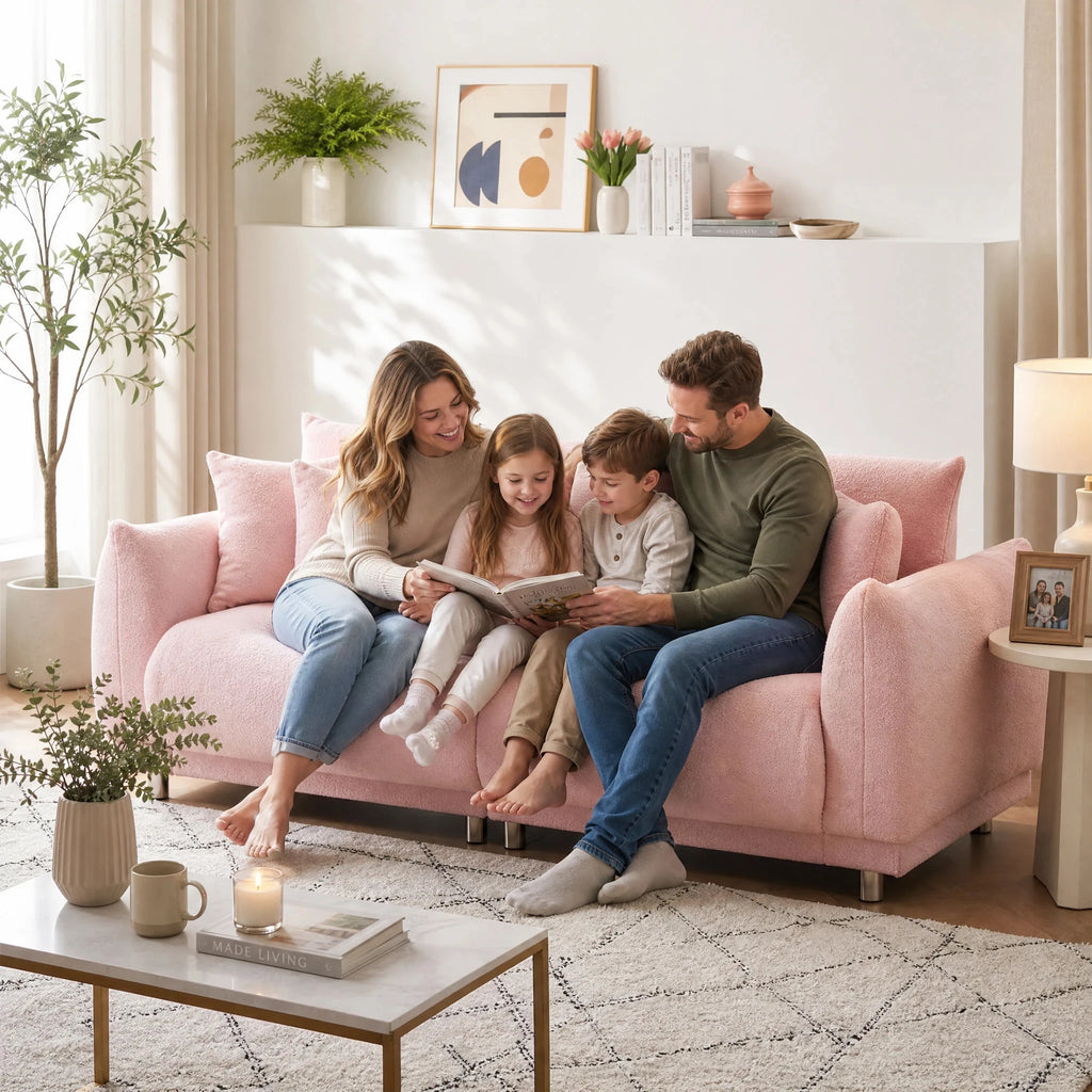 86.6-Inch Teddy Fleece Sofa with Four Throw Pillows