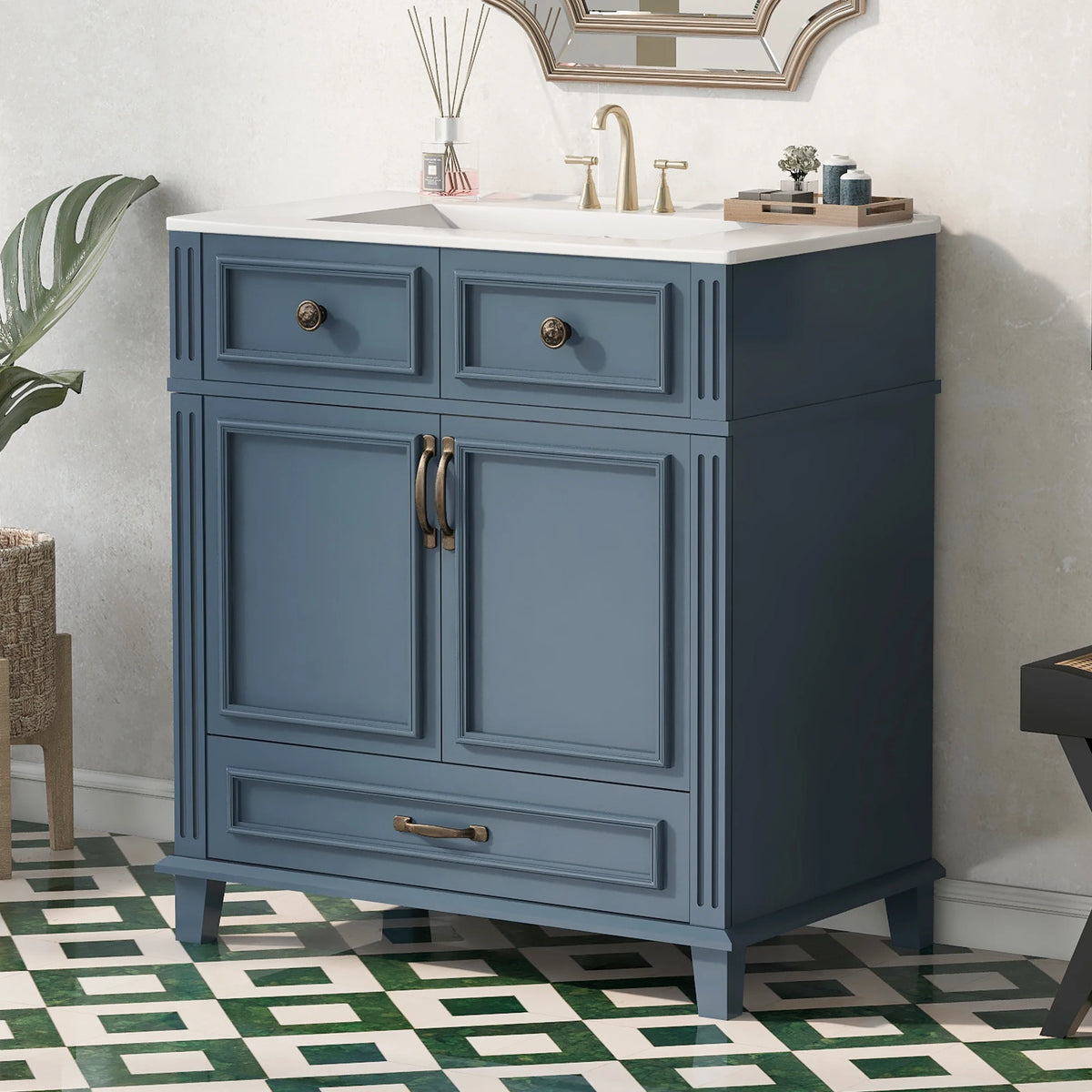 30" Solid Wood Bathroom Vanity with Ceramic Sink