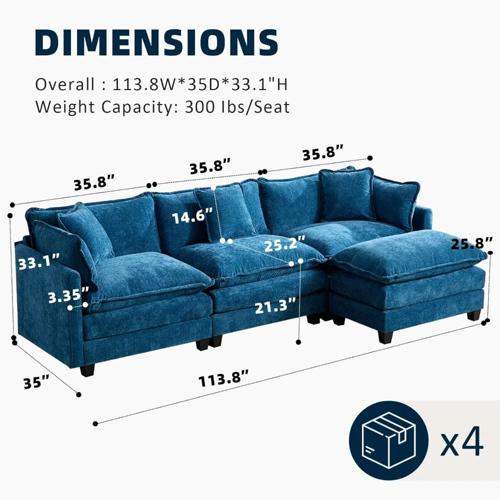 111.5” Modular L-Shaped Sectional Sofa with Ottoman and Pillows, Chenille Upholstery