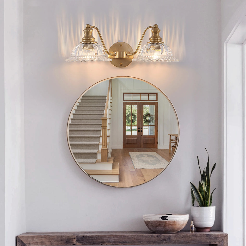 20 Inch 2-Light Elegant Vintage Bathroom Wall Sconce – Golden Metal and Glass Lampshade