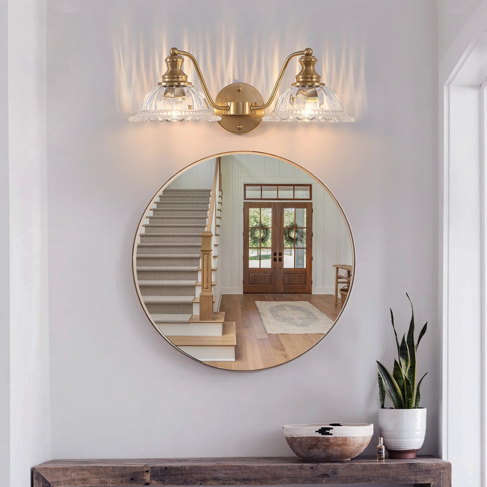 20 Inch 2-Light Elegant Vintage Bathroom Wall Sconce – Golden Metal and Glass Lampshade