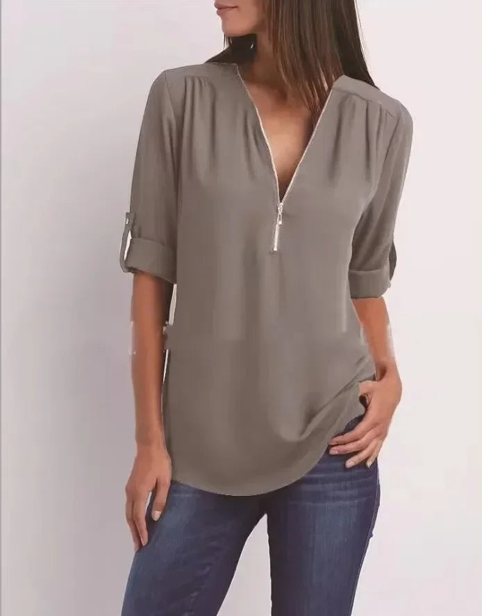 Women’s Loose Casual Deep V-Neck Chiffon Blouse – Zipper Pullover