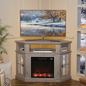 Corner TV Stand for TV Up to 55" with 18" Electric Fireplace, Entertainment Center